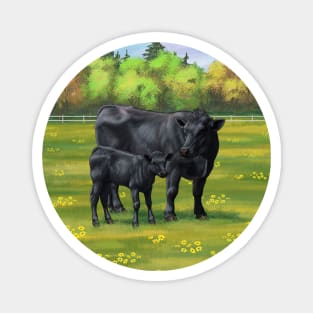 Black Angus Cow and Cute Calf in Summber Pasture Magnet